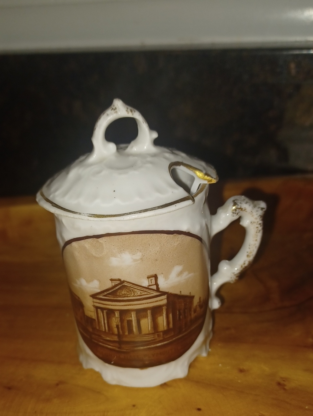 Antique Pilgrim Hall Plymouth MA Souvenir Mustard Pot Moore Bros c.1900